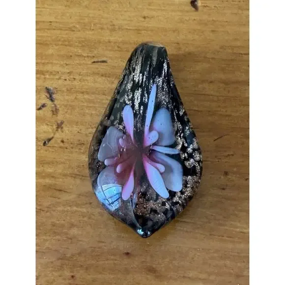 Art Glass Pendant Necklace Blue Floral + Extra Pendant Murano Style - Picture 11 of 15